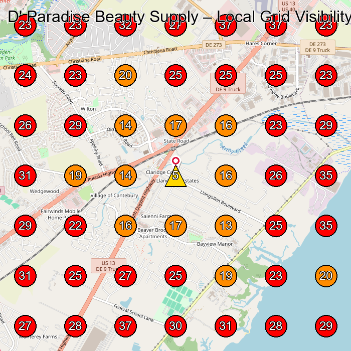 D' Paradise Beauty Supply GeoGrid visibility map for Dry Wall Contractor in New Castle
